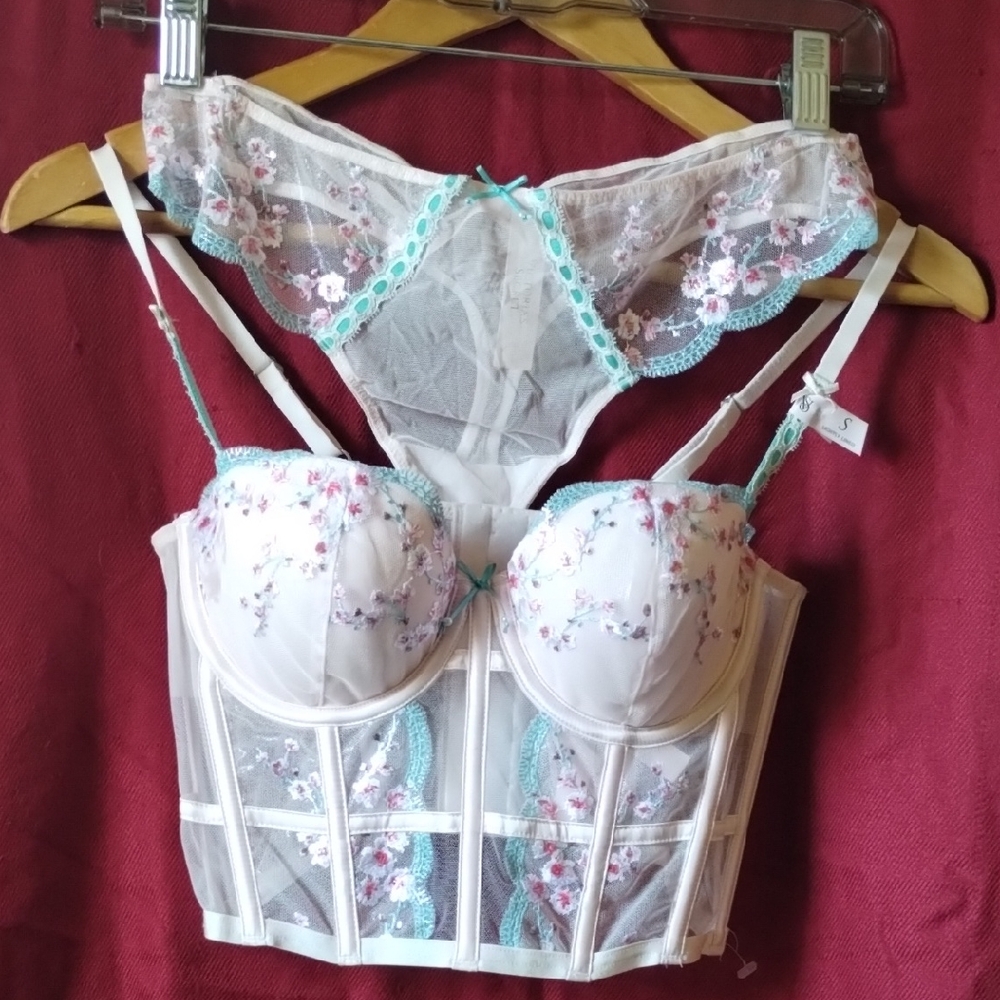 Pink and Blue Floral Lace Bustier Set - Women Intimates